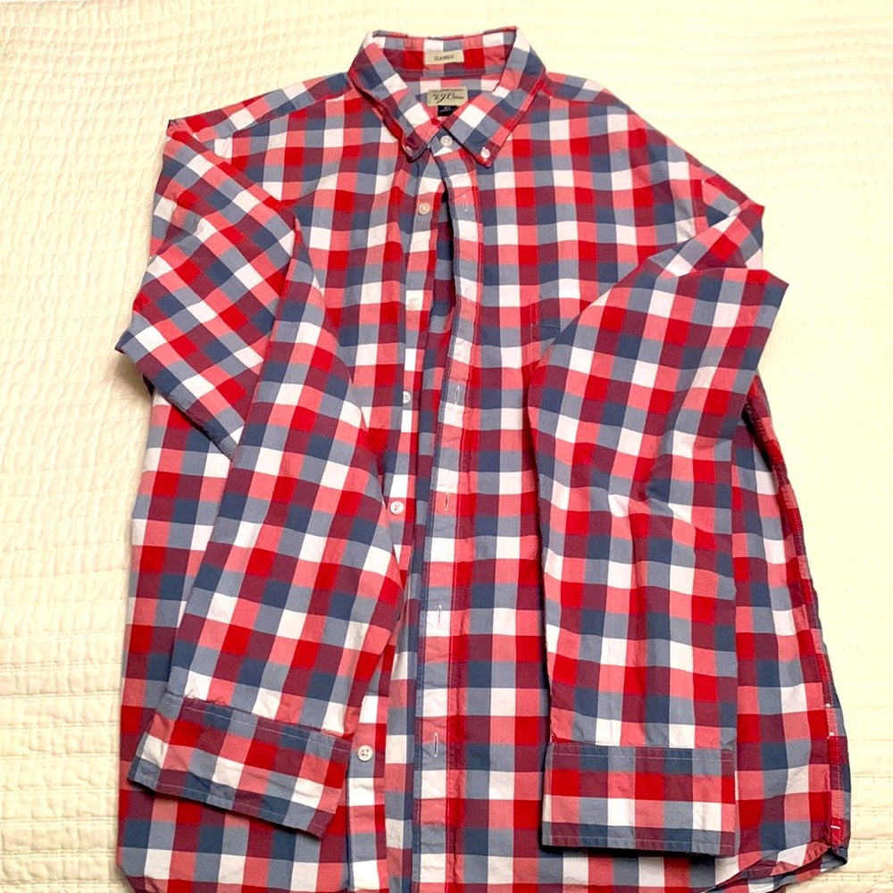 mens CL Classic fit J Crew Cotten shirt, plaid, red blue and white
